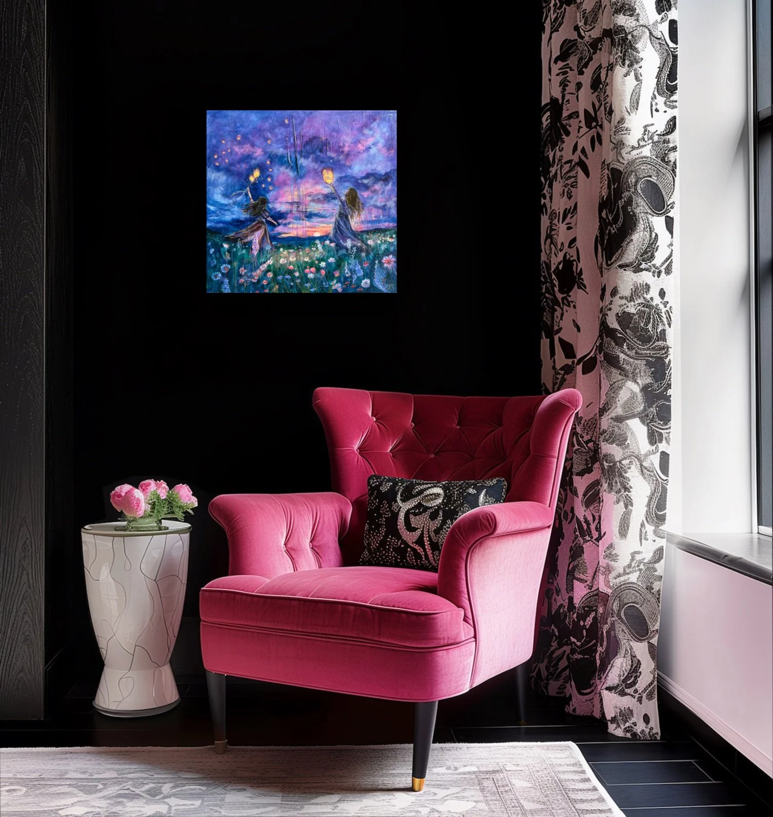 A living room with a luxurious pink velvet armchair, a white marble side table with pink roses, a black wall with a colorful sky-themed painting, and a window with patterned curtains.