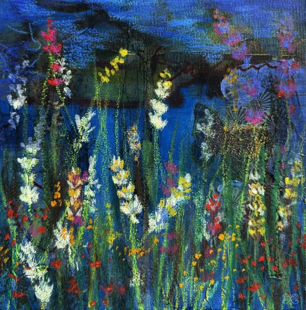 Colorful abstract painting of a flower garden with green grass, white, yellow, red, and pink flowers, a butterfly, and a tree with pink blossoms in the background.