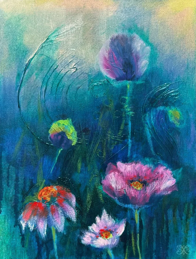 Abstract painting of colorful poppy flowers on a textured teal background with swirling lines.