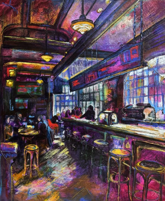 Colorful painting of a lively bar or cafe interior with patrons seated at tables and a bar counter, illuminated by warm, vibrant lighting with large windows and neon signs.