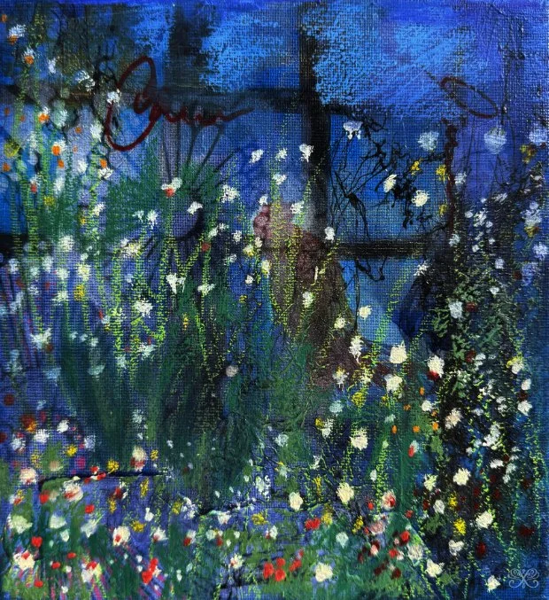 Painted garden scene with colorful flowers and greenery under a blue sky, with a signature and handwritten words.