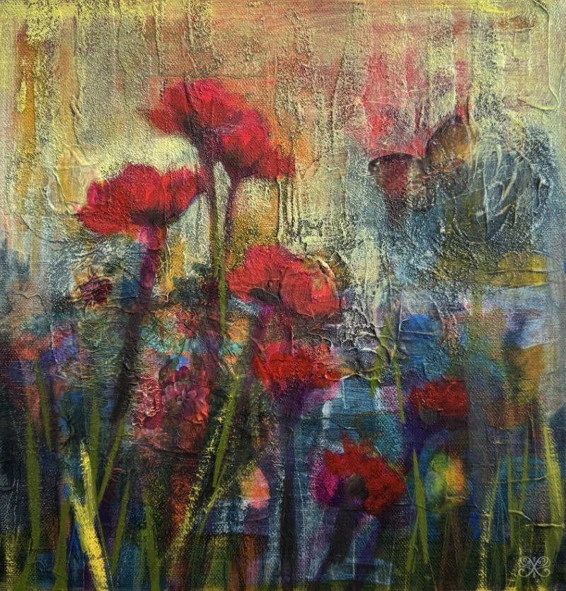 An abstract painting of red poppies with a butterfly on the right side, featuring textured, vibrant colors and layered brushstrokes.