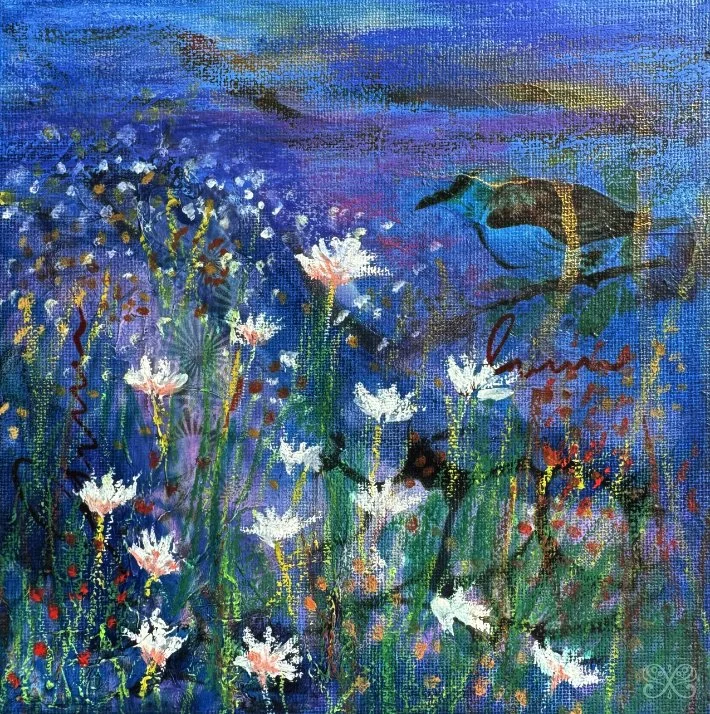 Colorful abstract painting of a pond with white water lilies, a blue heron standing among the flowers, and a few dark fish swimming in the water.