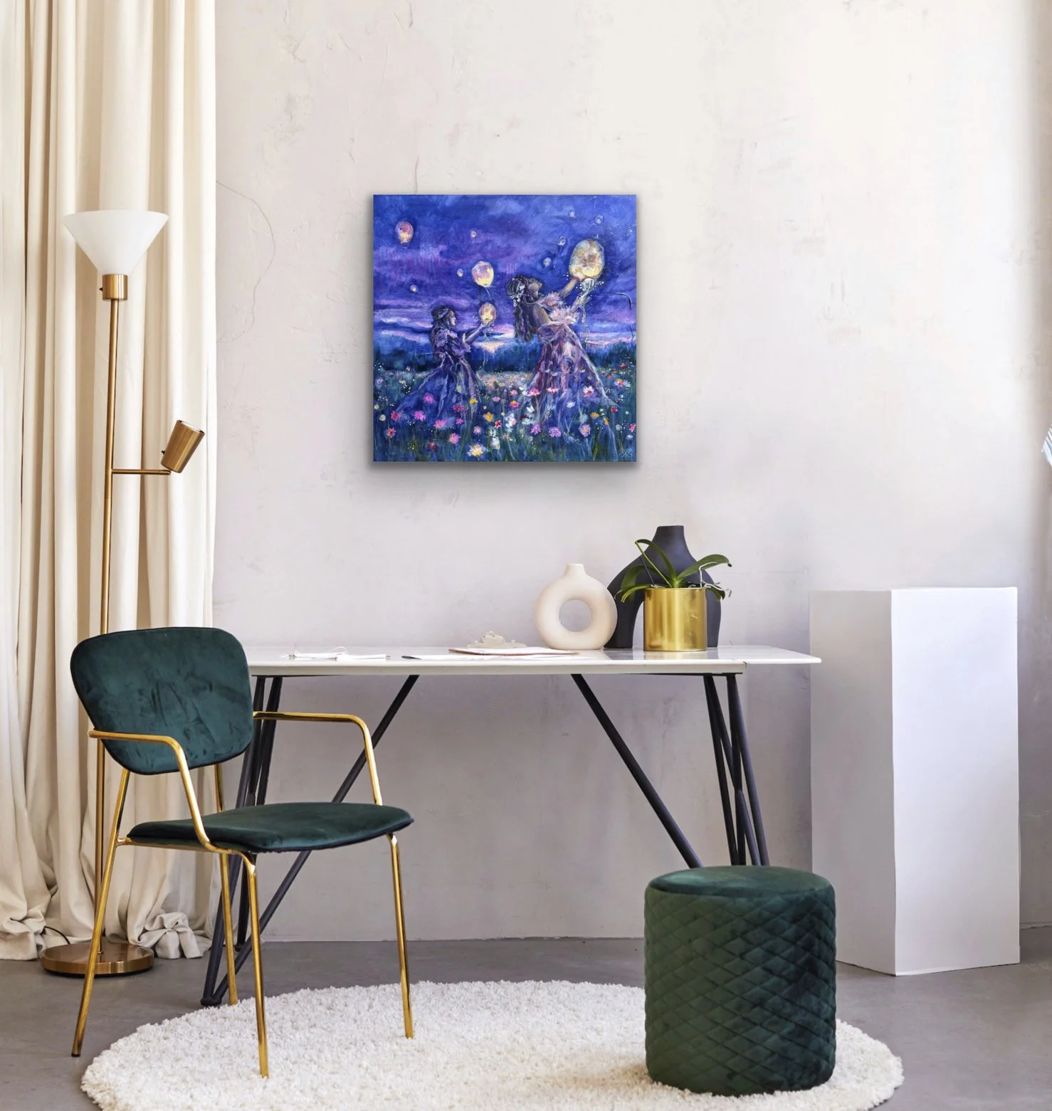 A modern home interior with a white wall, a colorful painting of two girls holding balloons under a starry sky, a white desk with decorative vases and a plant, green velvet chair with gold accents, cream curtains, a floor lamp, a green quilted ottoman, and a white fluffy rug.