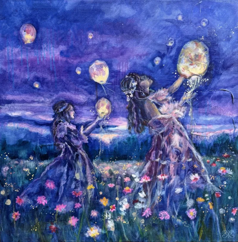 A vibrant painting of two women in a field of colorful flowers at sunset, releasing floating lanterns into the sky.
