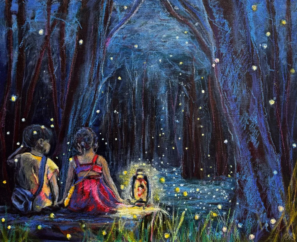 Two children sitting on the ground in a forest at night, illuminated by fireflies and a lantern.