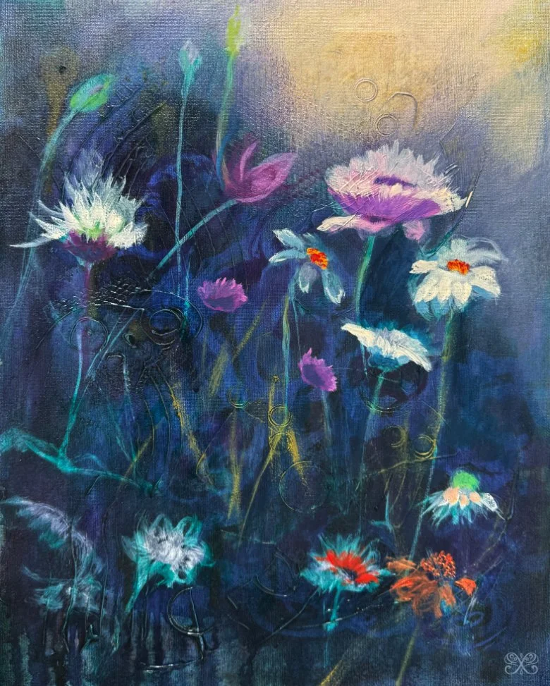 A colorful abstract painting of various flowers against a dark background, with prominent pink, white, purple, and orange flowers and swirling lines.