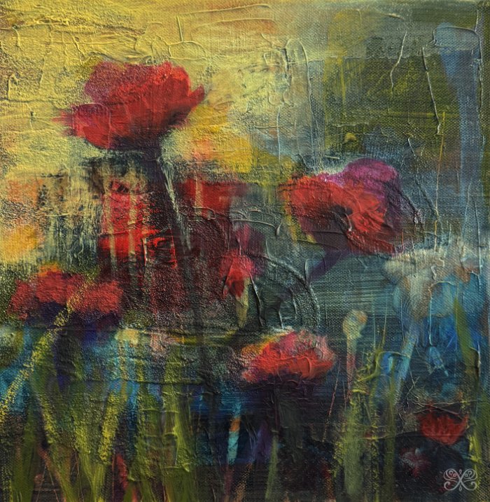 An abstract oil painting of red flowers with green stems on a yellow-green and blue background, textured with visible brushstrokes.