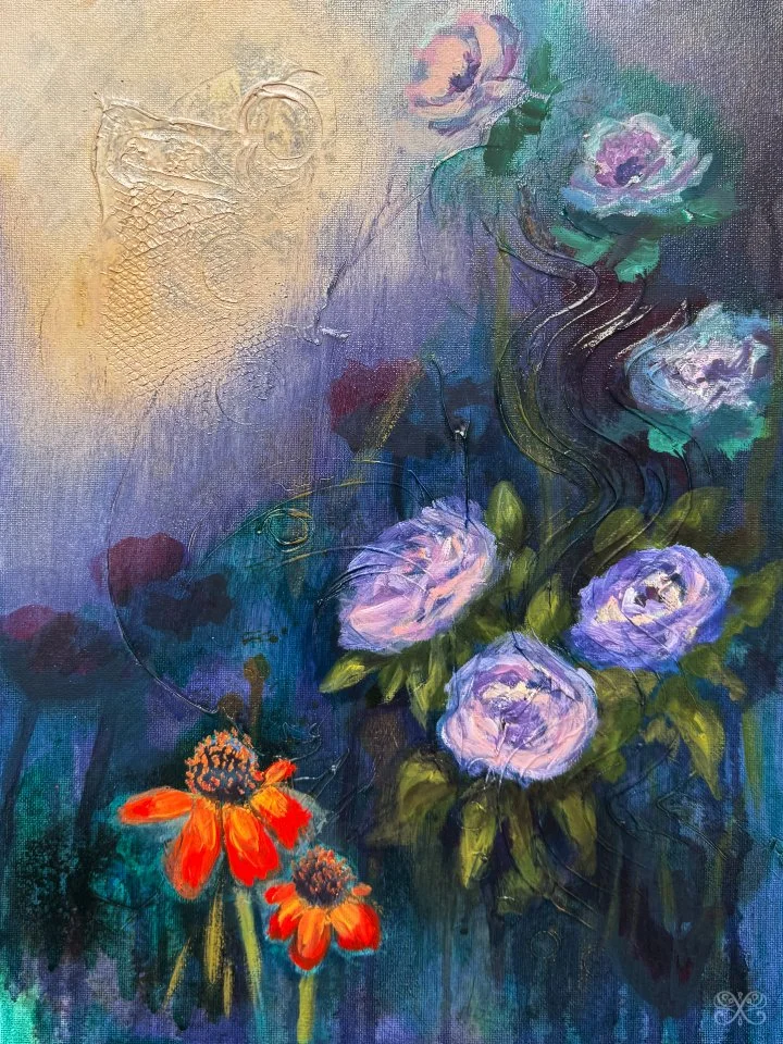 A colorful abstract painting featuring a cluster of purple roses, some red-orange flowers, and swirling green stems against a textured background with shades of purple, blue, beige, and teal.