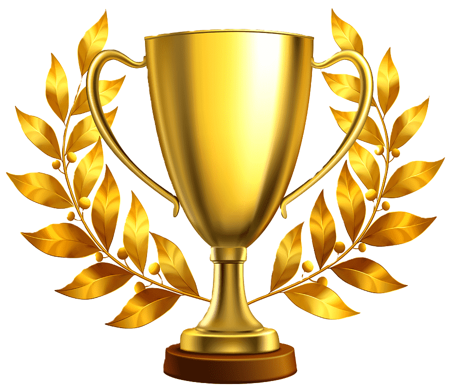 A golden trophy cup with handles, surrounded by golden laurel branches.