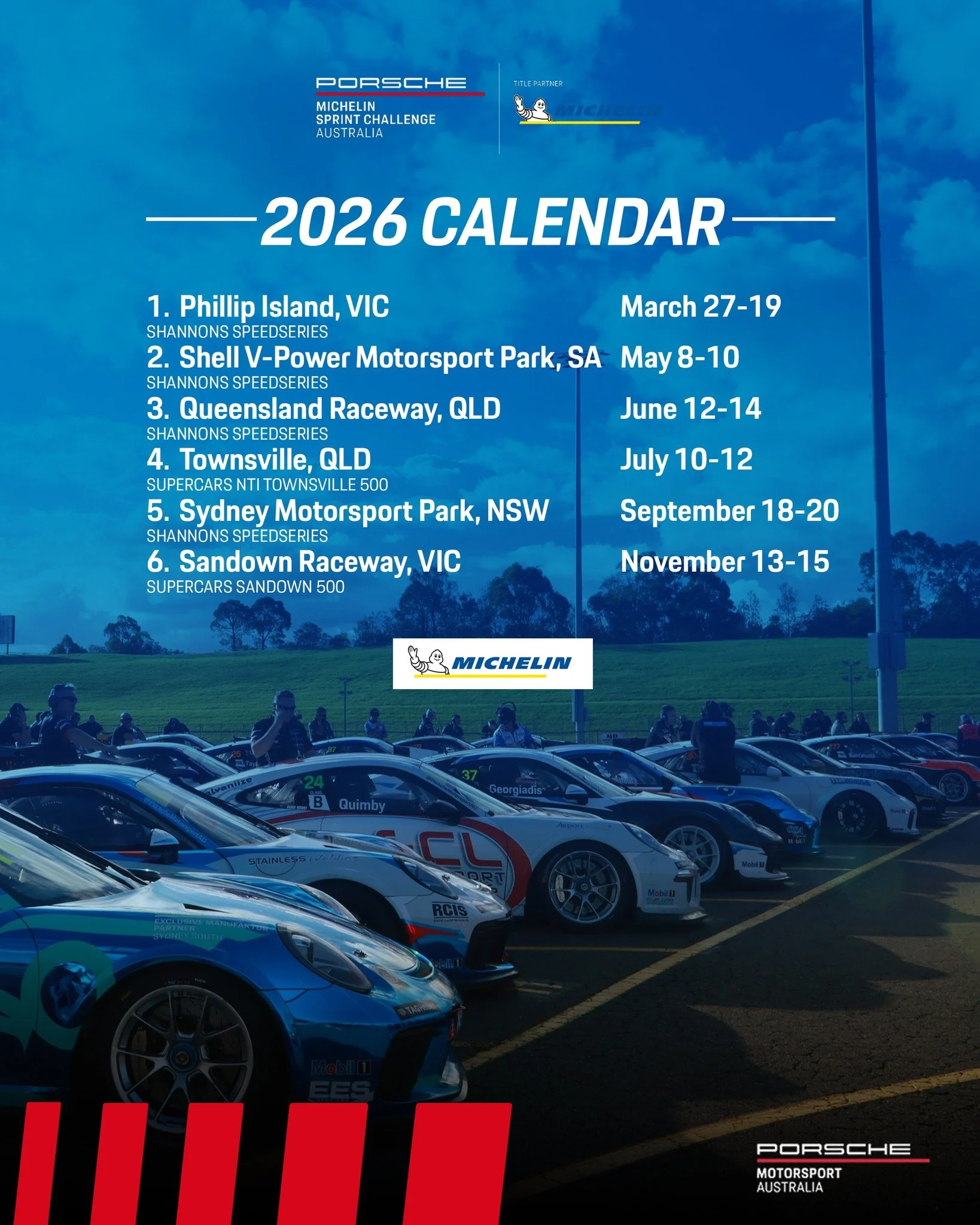 2026 Porsche calendar listing race locations and dates over a background of racing cars and a sunny sky.
