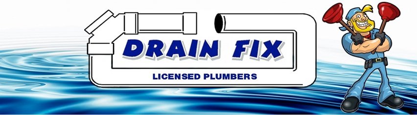 Logo for Drain Fix Licensed Plumbers featuring a cartoon plumber holding a pipe wrench and plunger, with water and waves in the background.