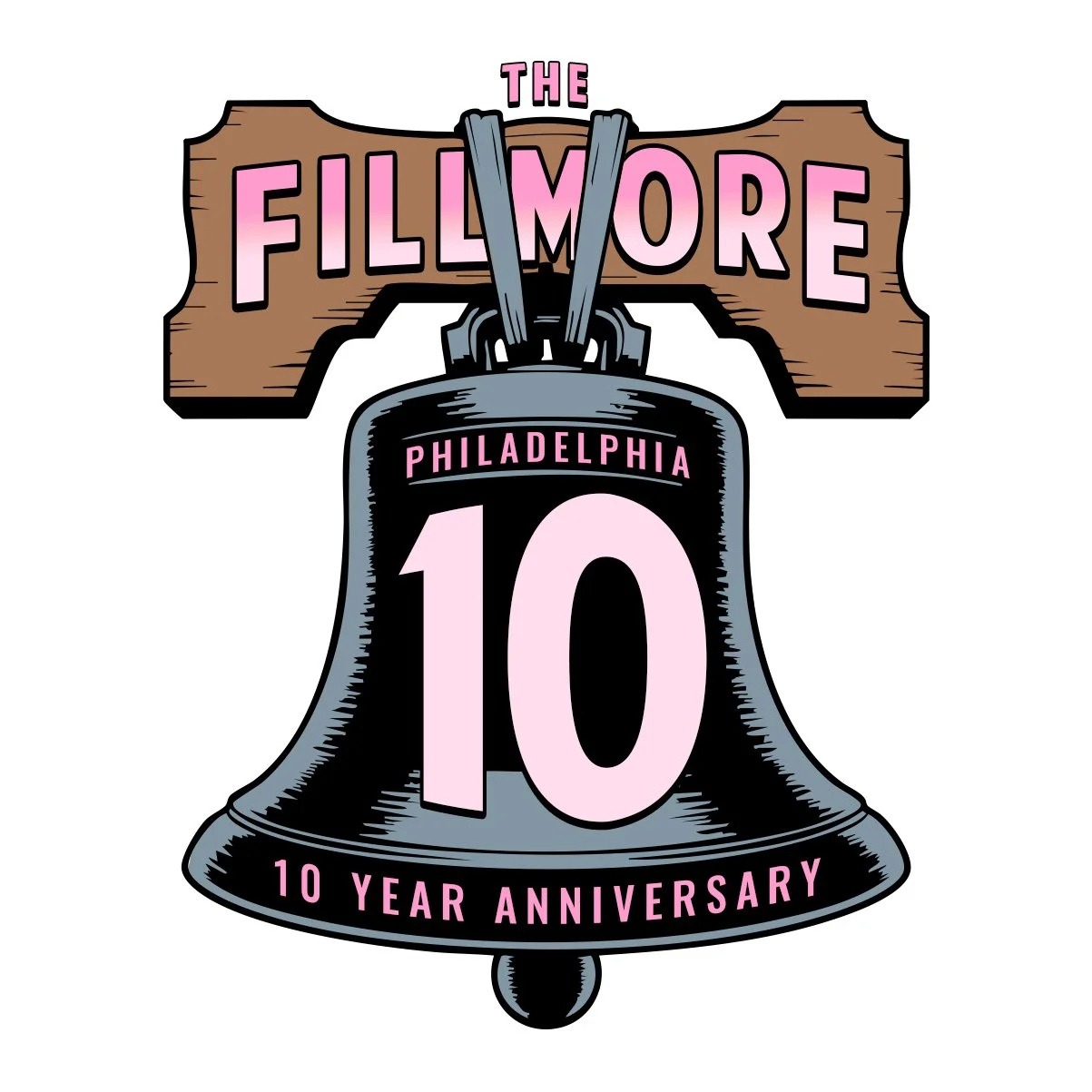 Illustration of the Liberty Bell with pink text celebrating the 10th anniversary of the Fillmore Philadelphia, featuring the number 10 and the words "10 Year Anniversary."