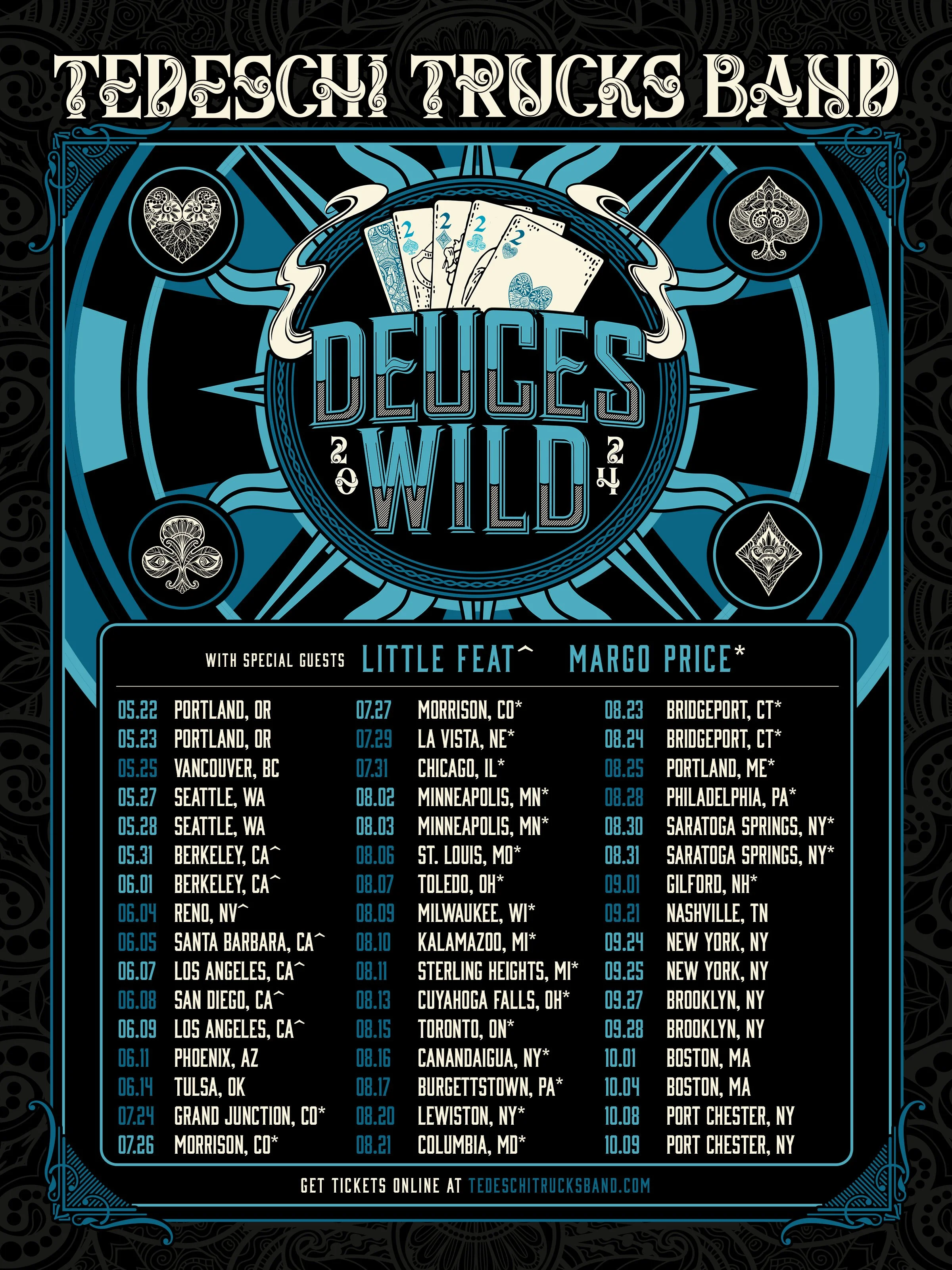 Tour poster for Tedeschi Trucks Band's 2024 tour titled 'Deuces Wild' featuring special guests Little Feat and Margo Price, listing tour dates and locations across the U.S. in blue and white text with decorative black, blue, and white design elements