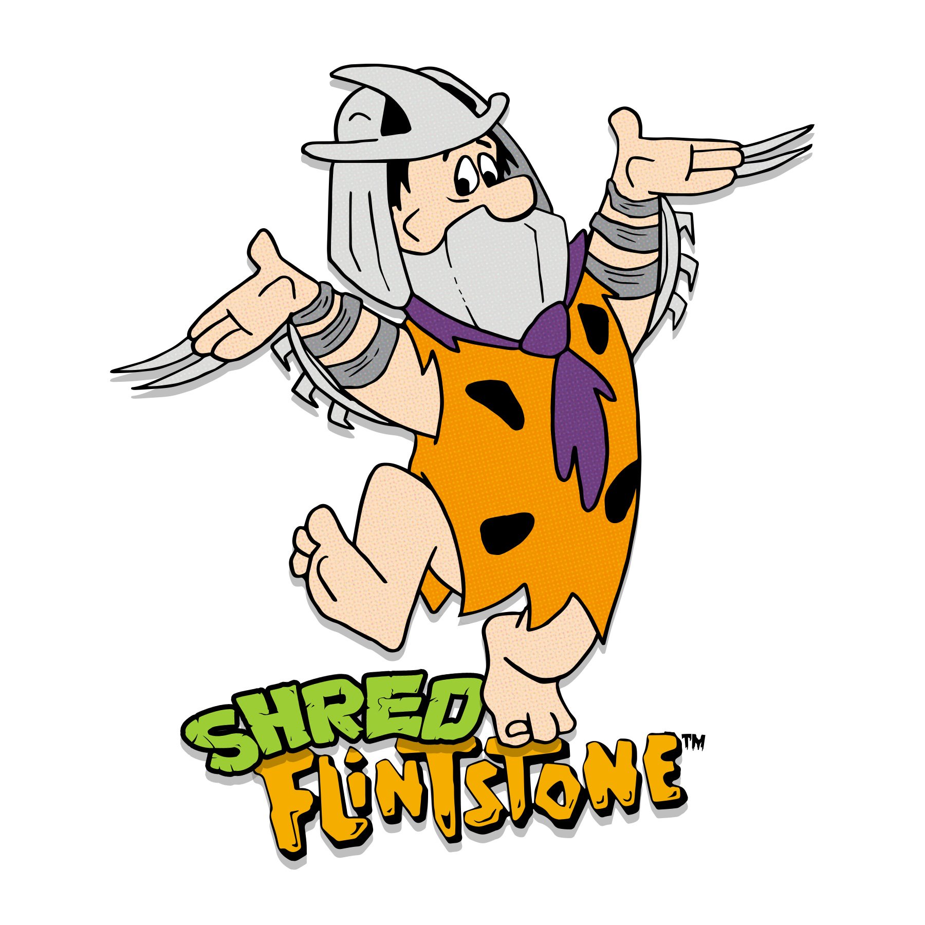 Cartoon of Fred Flintstone wearing a prehistoric tunic with black spots, with wings on his arms, and an old man's face and beard. Text below says "Shred Flintstone."