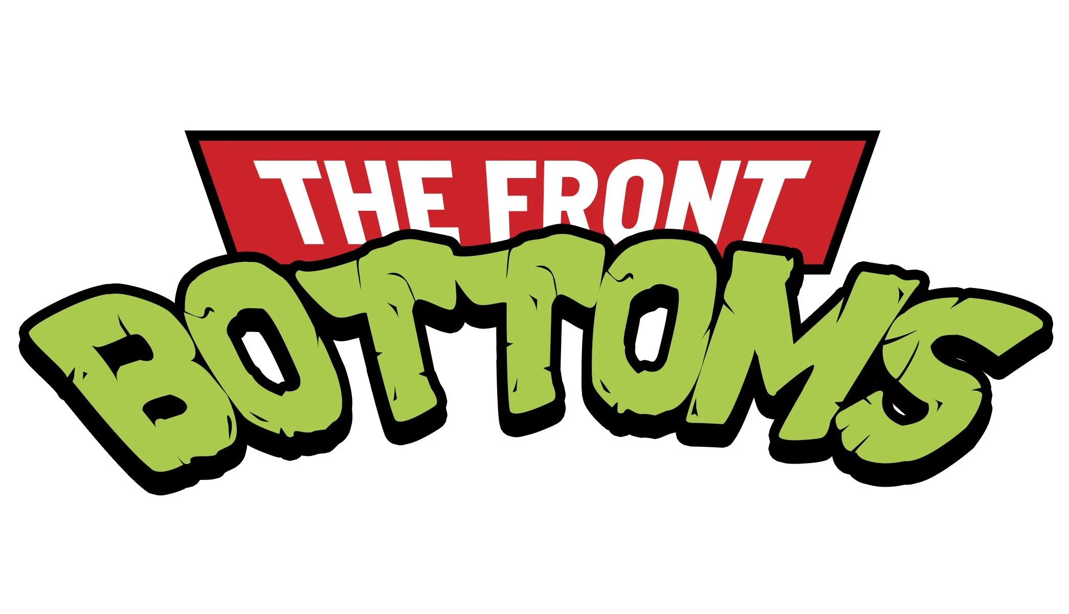 Logo for 'The Front BOTTOMS' with the word 'BOTTOMS' in green, graffiti-style font and a red banner above it containing the words 'The Front' in white capital letters.