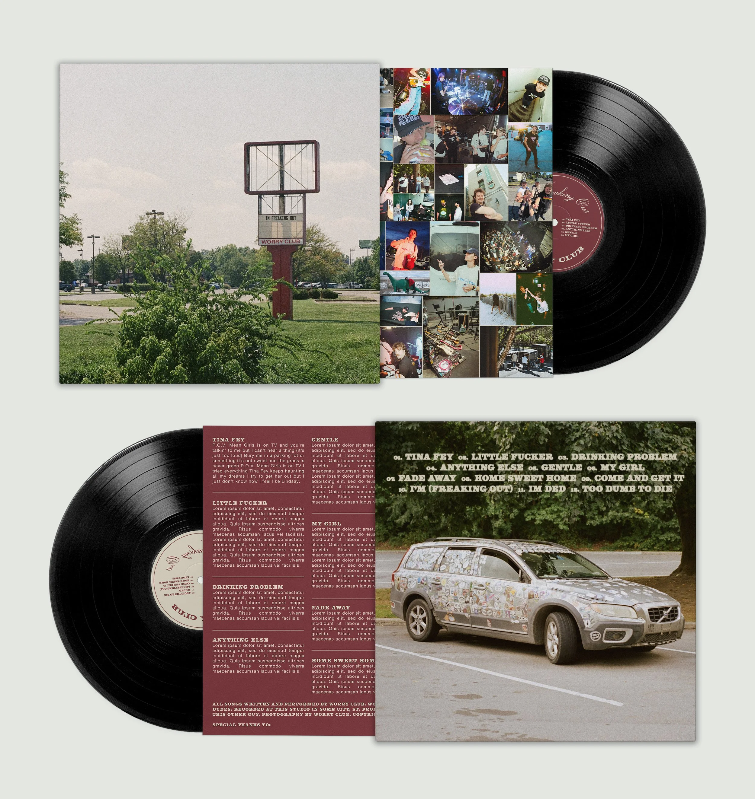 Vinyl record album cover with a photo of an empty basketball hoop post in a parking lot, surrounded by trees and grass, with a collage of photos on the inside and back covers featuring various people and scenes.