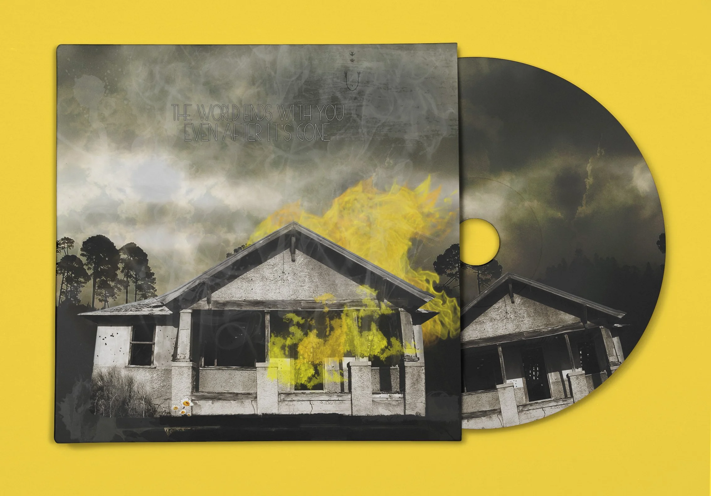 A CD case and disc featuring a burned house with yellow flames and dark clouds, with the quote 'The world ends with you even after it's gone' on the cover.