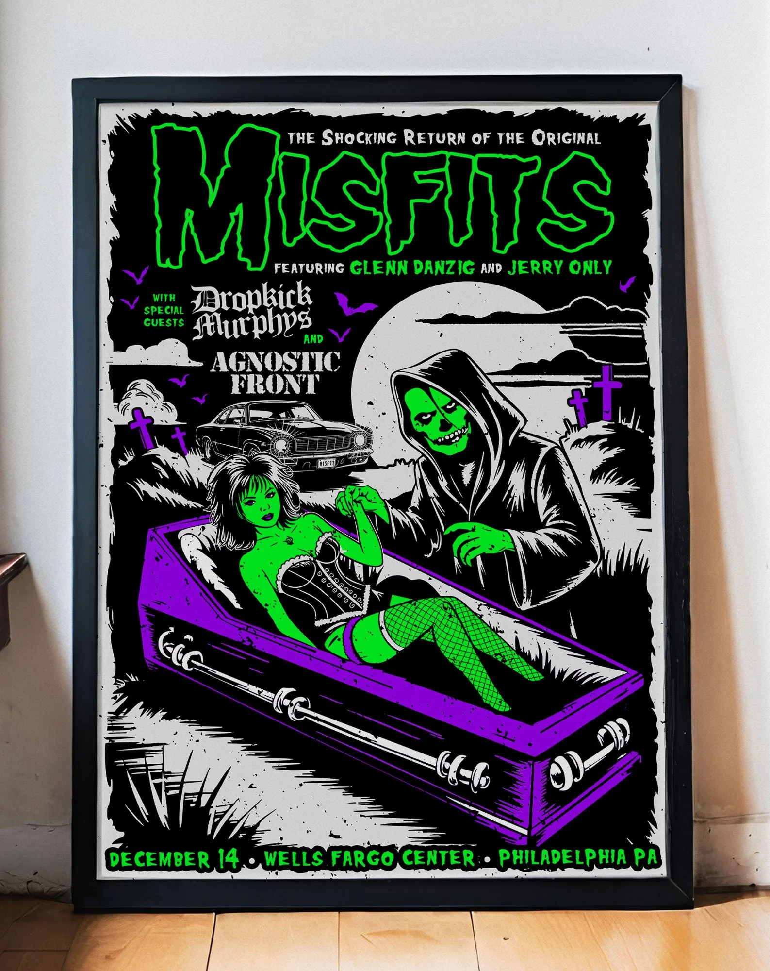 Concert poster for Misfits with Glenn Danzig and Jerry Only, featuring Dropkick Murphys and Agnostic Front, showing a green skull-faced figure with a hooded cloak and a woman in a coffin, with a vintage car and gravestones in the background, for a sh