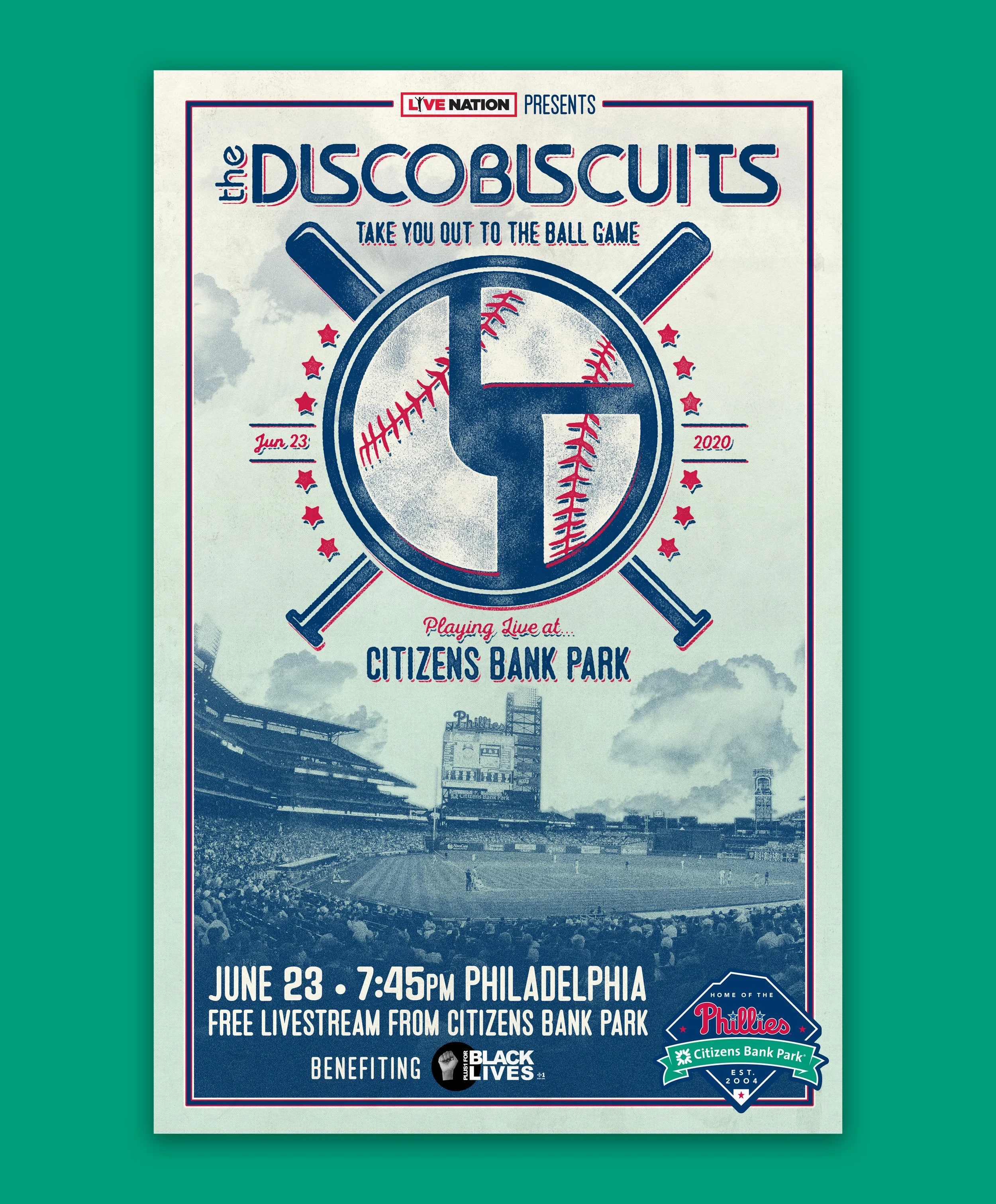 Event poster for 'the DISCObiscuits' baseball game at Citizens Bank Park, Philadelphia, on June 23, 2020, at 7:45 PM. Includes a baseball-themed design with a scoreboard and baseball bats, and information about a free livestream supporting Black Live