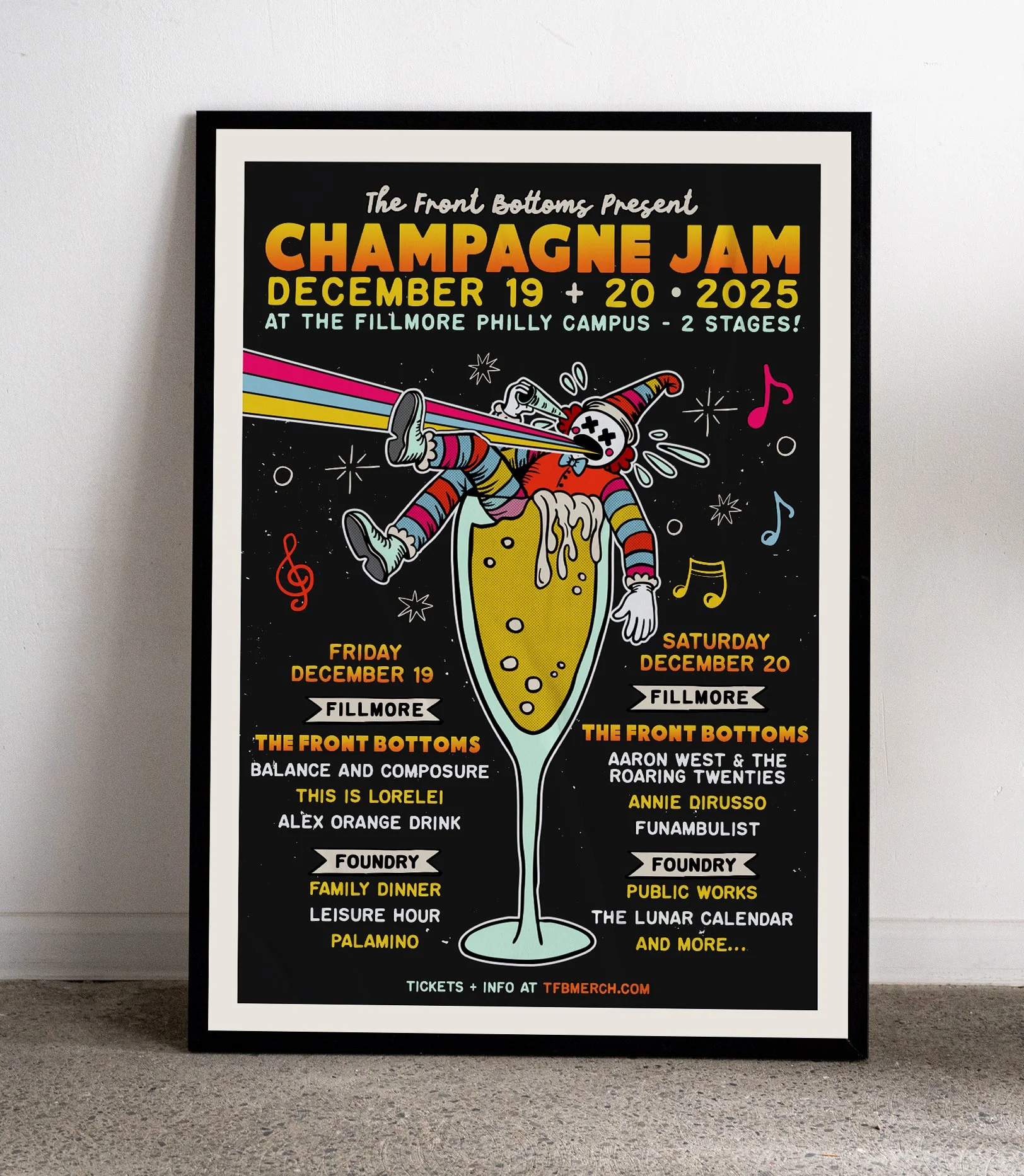 Poster for Champagne Jam music festival, December 19-20, 2025 at Fillmore Philly Campus, featuring The Front Bottoms and other bands, with colorful graphics of a cartoon character blowing a rainbow beam into a glass of champagne.