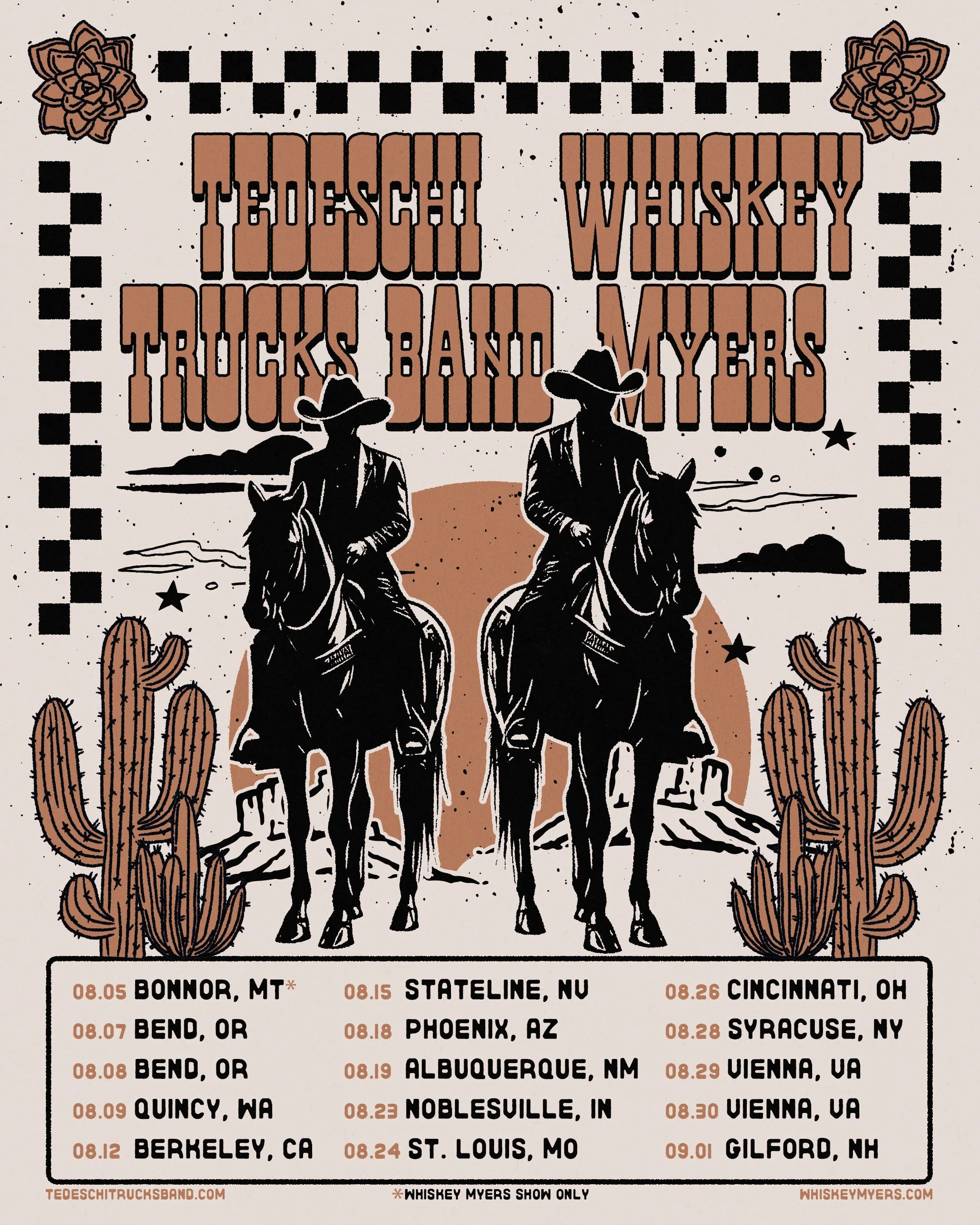 Concert poster for Whiskey Myers tour with dates and locations, featuring two cowboys riding horses in a desert landscape with cacti and a setting sun.