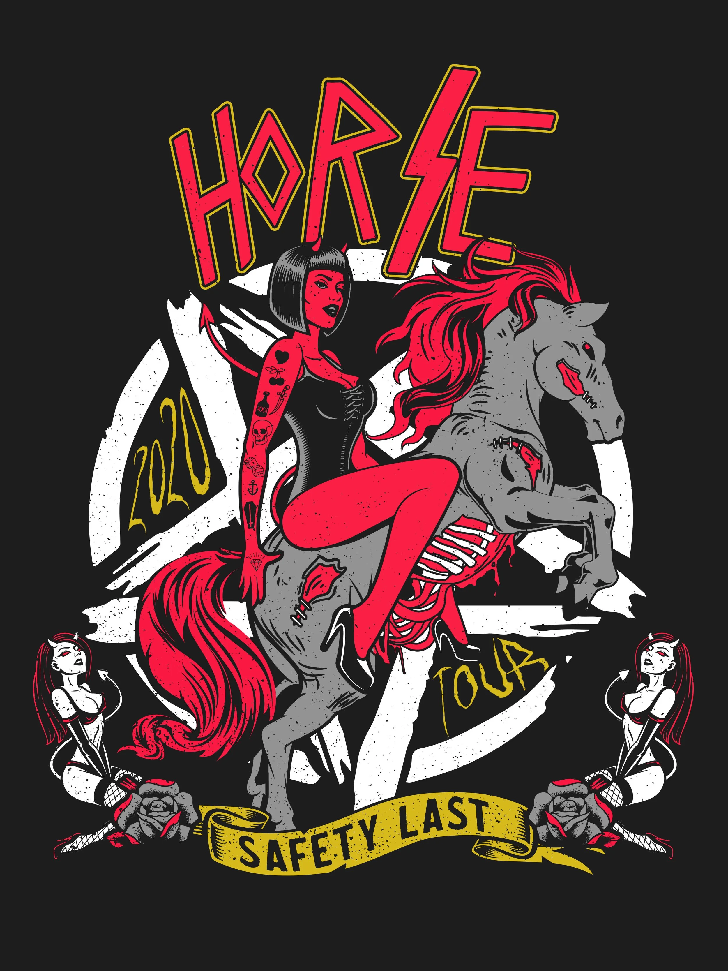 A graphic illustration featuring a woman with tattoos riding a gray horse with a red mane, with the words 'Horse Tour 2020 Safety Last' and various punk rock and tattoo-inspired elements.