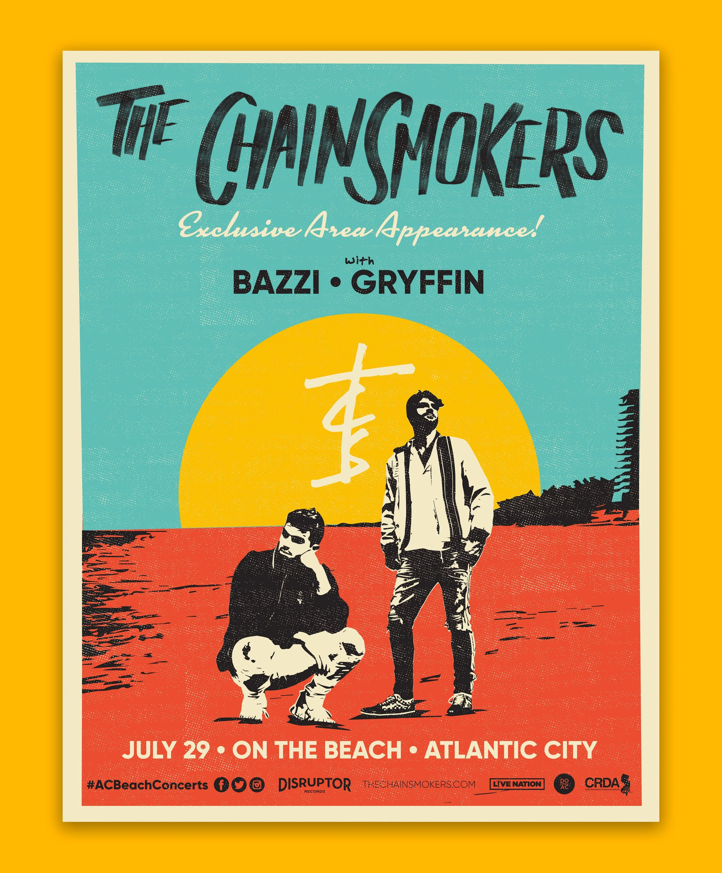 A poster for a concert featuring The Chainsmokers with BAZZI and GRYFFIN, scheduled for July 29 at the beach in Atlantic City. The poster has a retro design with a bright yellow border, a teal background, and an illustration of two men in front of a 