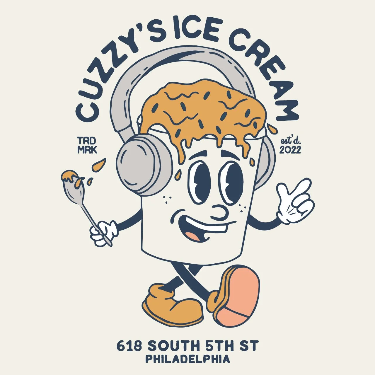 A cartoon character of a cup with a happy face, wearing headphones, holding a spoon with cookie dough, and giving a thumbs-up; advertising 'CZUZY'S ICE CREAM' at 618 South 5th Street, Philadelphia.