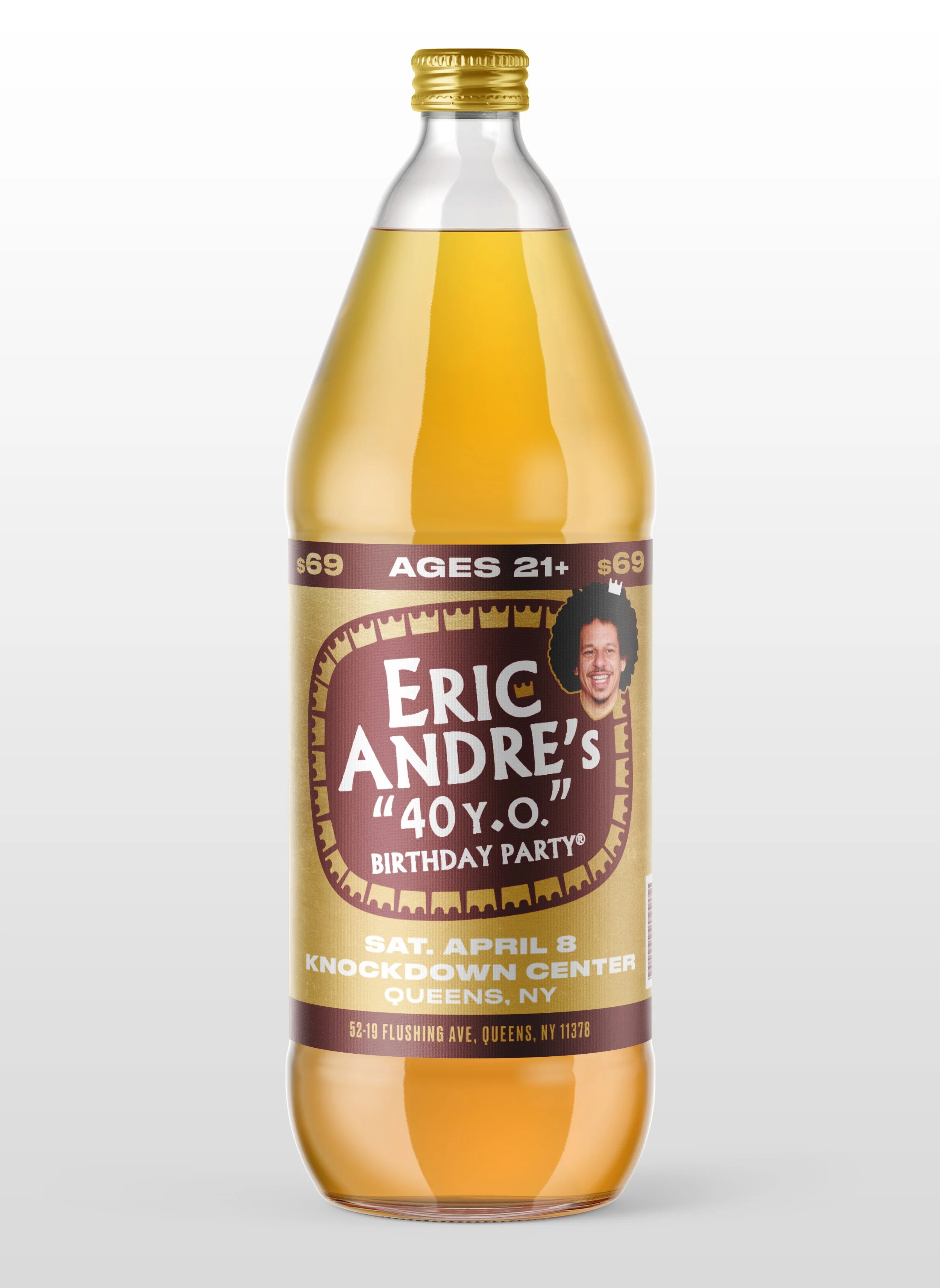 Customized beer bottle with a birthday party label for 'Eric Andre's 40th birthday', featuring a cartoonish illustration of Eric Andre, event date, location details, and age restriction.
