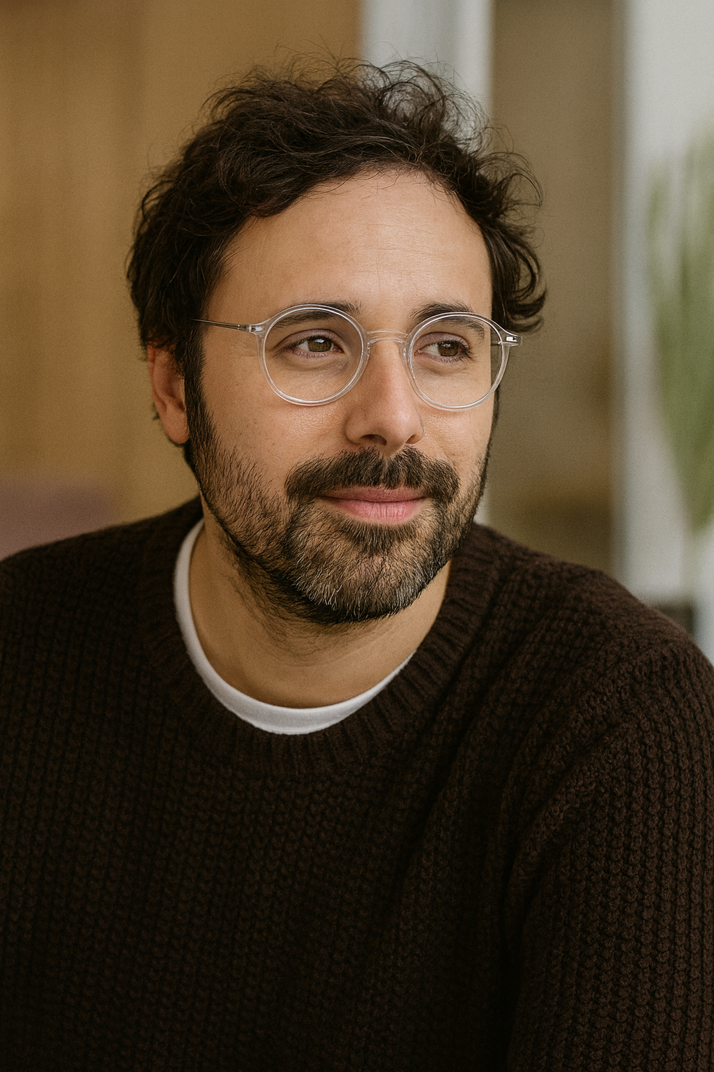 Man with dark, curly hair, glasses, beard, wearing a brown sweater, looking to the side with a slight smile.