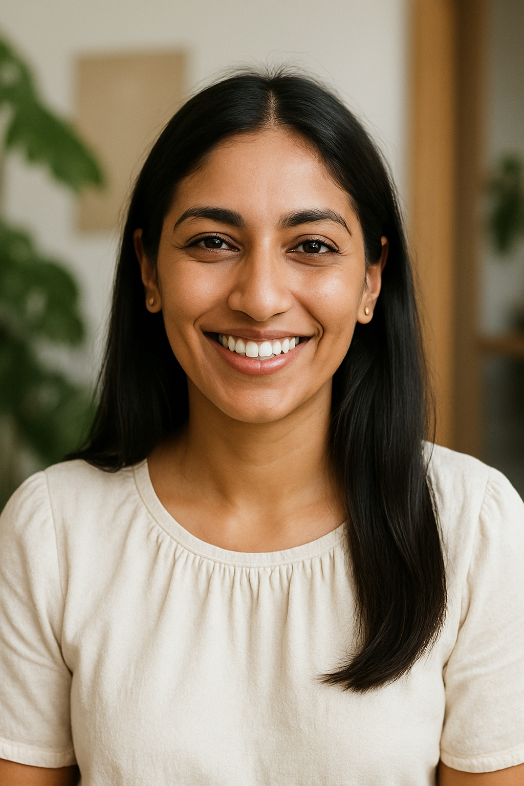 A smiling woman with long black hair and brown skin, wearing a light-colored top, sitting indoors with blurred plants and furniture in the background.