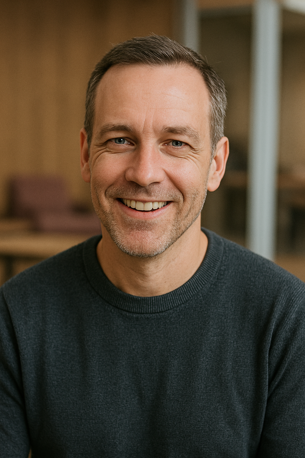 Close-up portrait of a middle-aged man with short brown hair smiling, wearing a dark gray sweater, in a cozy indoor setting.