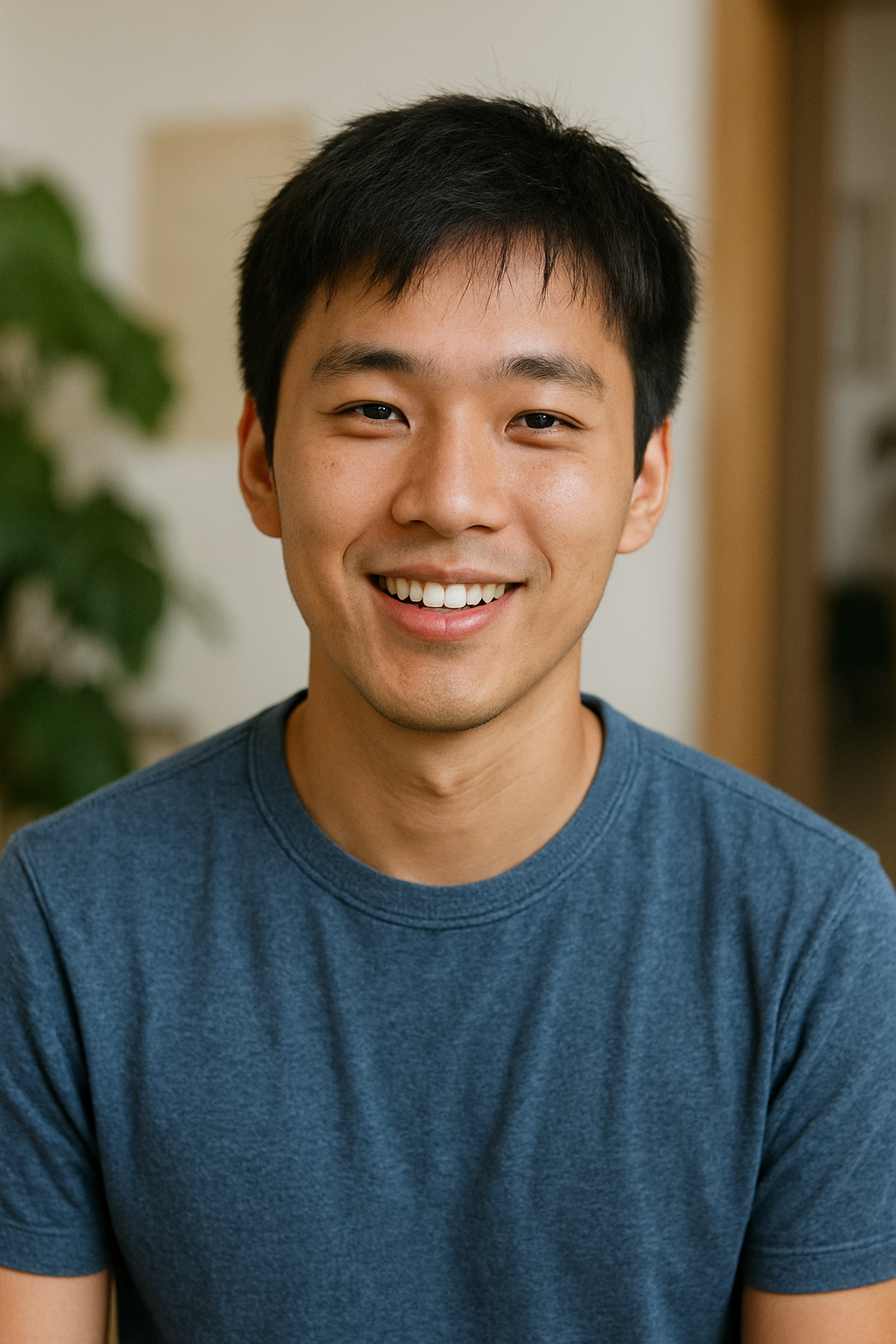 A young Asian man with short black hair, smiling and wearing a blue T-shirt, indoors with a blurred background.