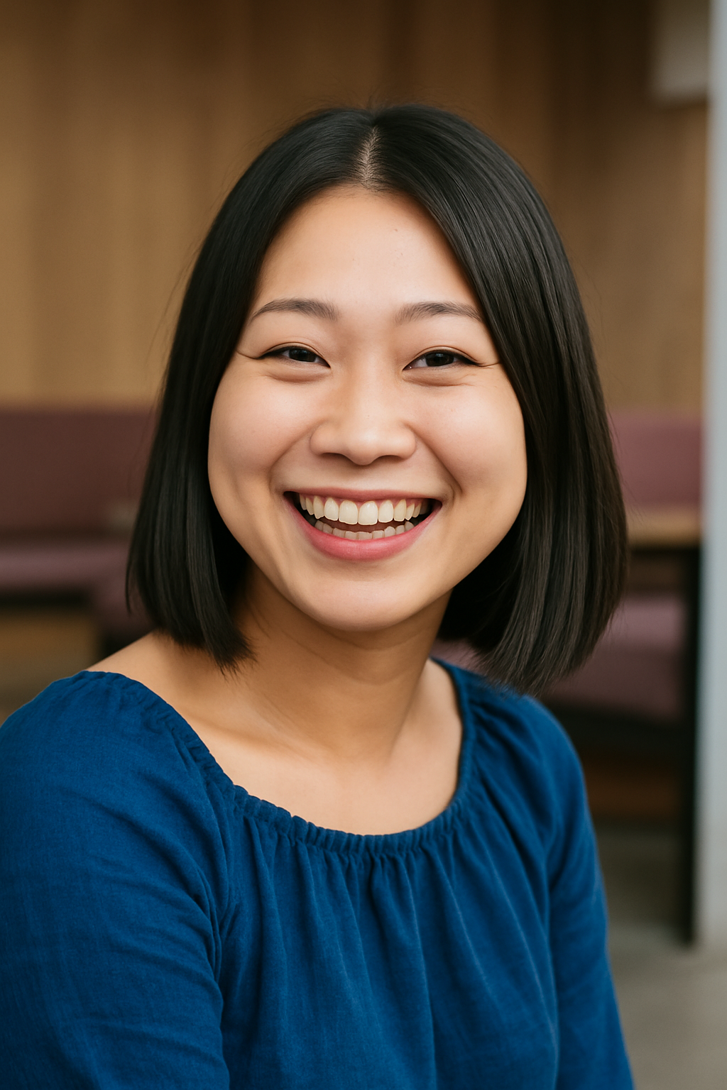 A young Asian woman with black hair smiling and wearing a blue top.