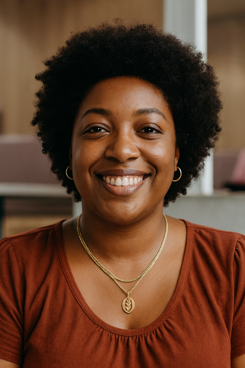 A smiling woman with dark curly hair, wearing gold hoop earrings and layered gold necklaces, dressed in a rust-colored top, in an indoor setting.