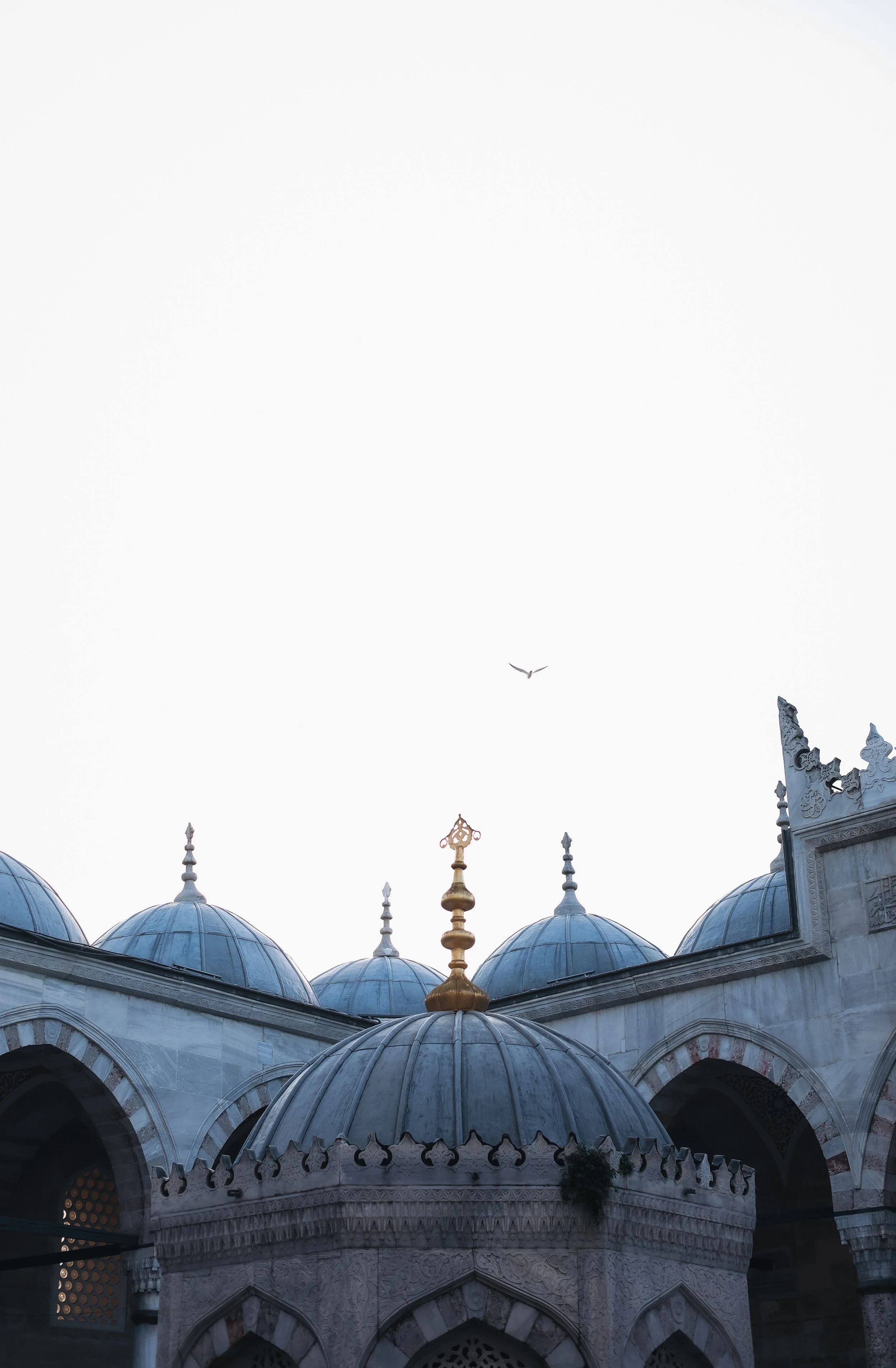View of a mosque with multiple domes and intricate architectural details on the walls, topped with spires and a golden finial.