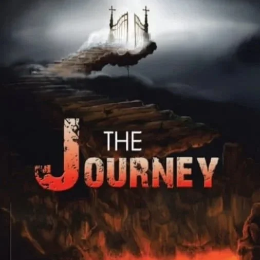 A dark, ominous road leading to a glowing gate in the clouds, with the text "The Journey" in bold letters.