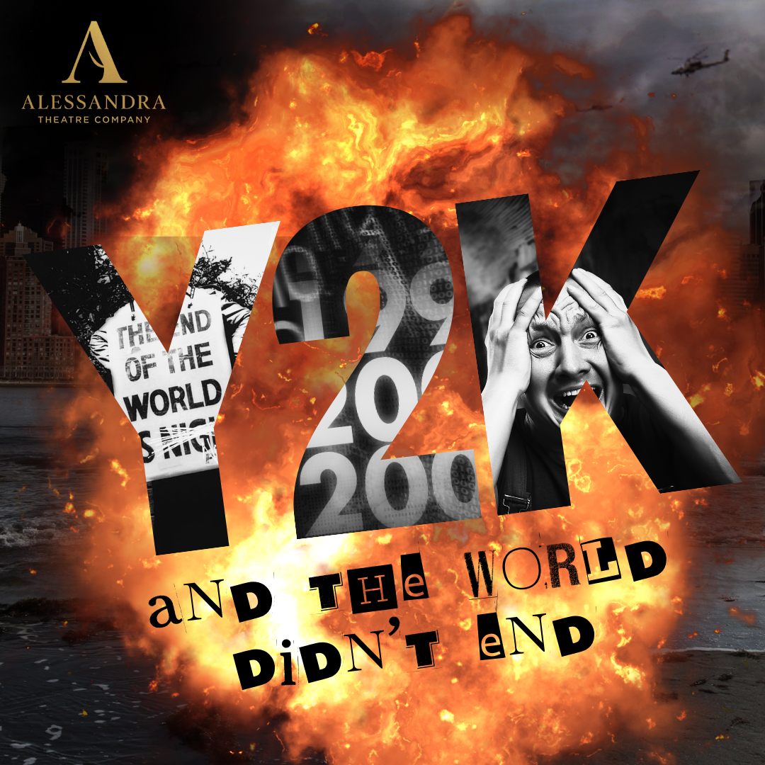 Explosion with flames and smoke behind large text '2020' and a woman's distressed face, with overlay images of protests, digital data, and chaos, promoting Alessandra Theatre Company's production 'V20K: And the Word Didn't End.'