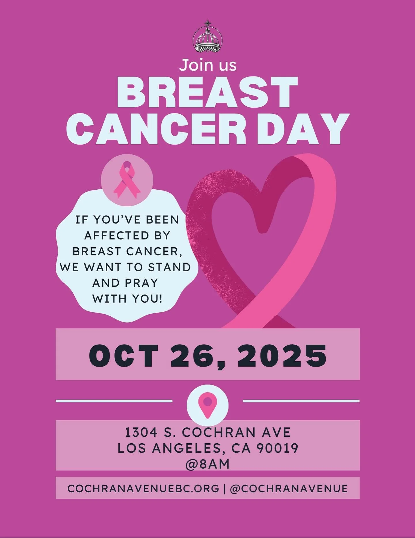 Let&rsquo;s come together in love and strength for Breast Cancer Awareness Sunday🌷
Remember to wear PINK this Sunday! 💞

Join us as we pray, support, and celebrate survivors.
📅 October 26 | 🕗 8AM | 📍 Cochran Avenue Baptist Church

#PinkSunday #H