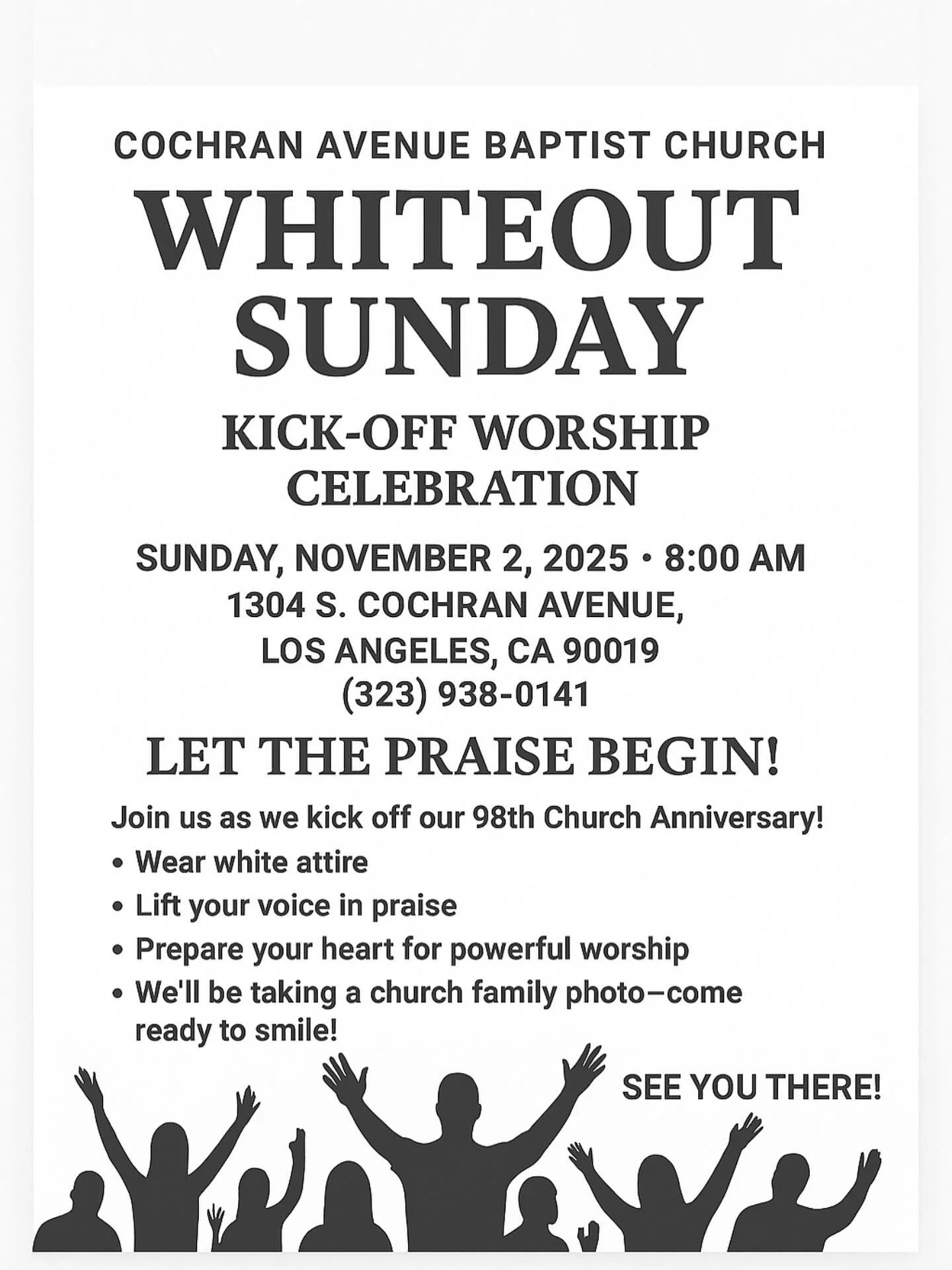 SUNDAY, SUNDAY, SUNDAY !!! It&rsquo;s the kickoff to our church&rsquo;s anniversary! We ask that you wear ALL WHITE🤍 &amp; invite a friend!! 
We&rsquo;re excited to praise God for who he is and all he&rsquo;s done the last 97yrs at Cochran and what&
