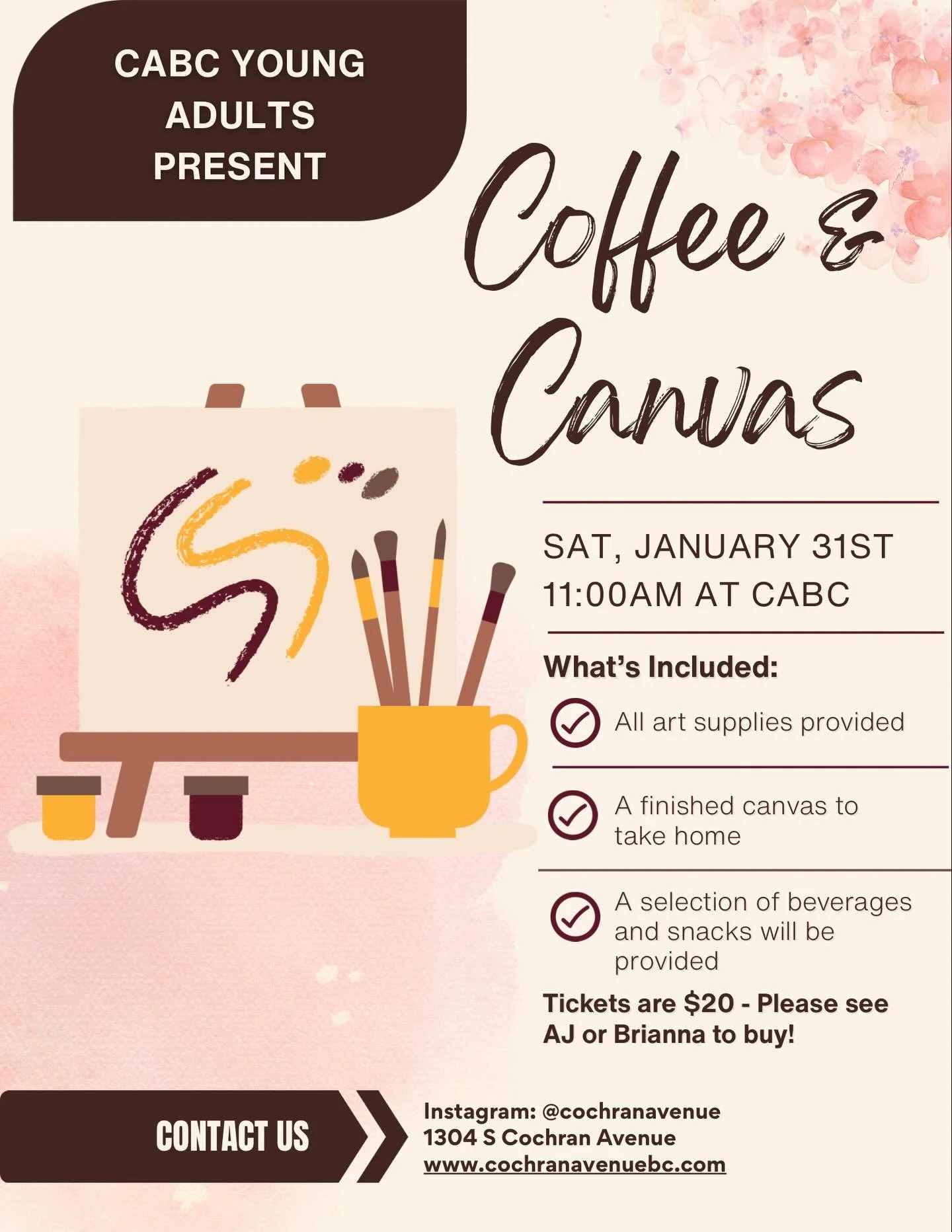 Coffee, creativity, and community ☕🎨
CABC Young Adults presents Coffee &amp; Canvas.
You&rsquo;re invited to a morning of connection, creativity, and fellowship. Secure your spot &amp; invite a friend! 
📅 Saturday, January 31st
⏰ 11:00 AM
📍 CABC
?