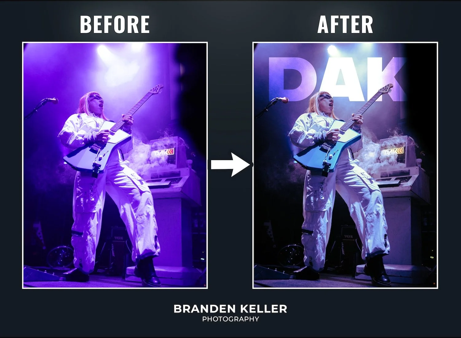 Side-by-side comparison of a female guitarist performing on stage before and after digital enhancement. In the 'before' image, the photo has a purple hue and looks less clear. In the 'after' image, the colors are more vibrant, with clearer details on