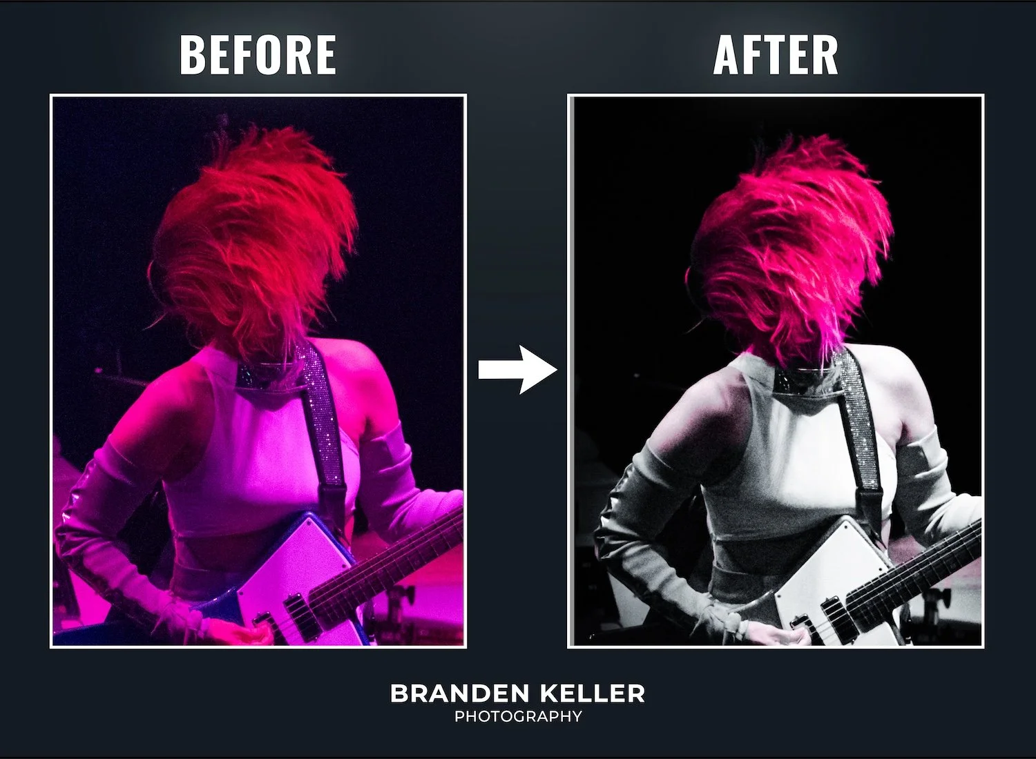 Comparison of a woman with bright red hair holding a white electric guitar in two images labeled 'Before' and 'After,' with the 'Before' image in color and the 'After' image in black and white. The woman is wearing a long sleeve top with cutouts on t