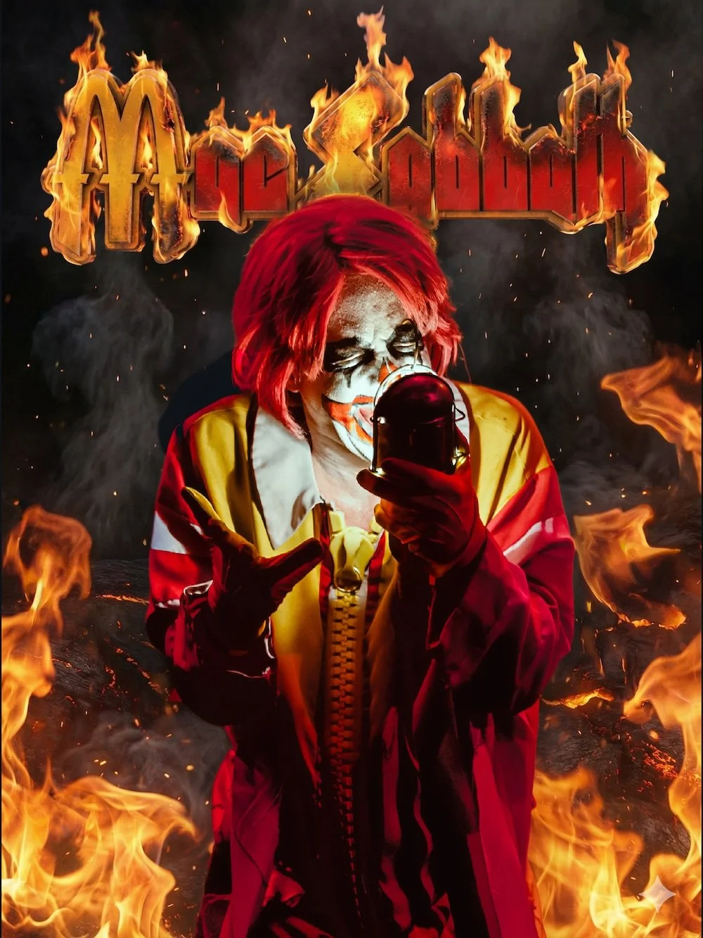 A person dressed as a clown with red hair, white face makeup, and clown makeup, wearing a yellow and red jacket, holding a microphone and a phone, surrounded by flames and smoke, with the word 'Meatloaf' burning in the background.