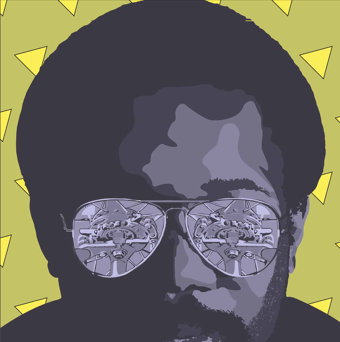 Stylized digital illustration of a man's face with dark hair and facial hair, wearing glasses with mechanical-looking lenses, against a yellow background with scattered yellow triangles.  Album cover art.