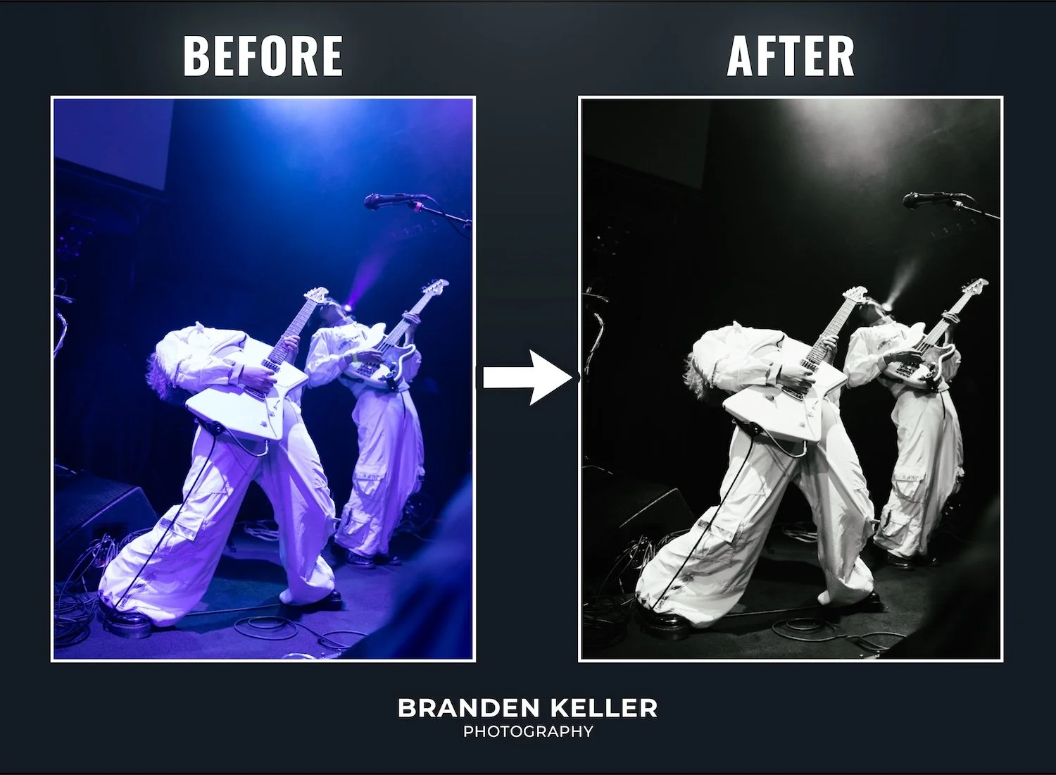Comparison of a band performing on stage: the left side labeled 'Before' shows a colored photo with blue lighting, and the right side labeled 'After' shows a black and white version of the same scene.