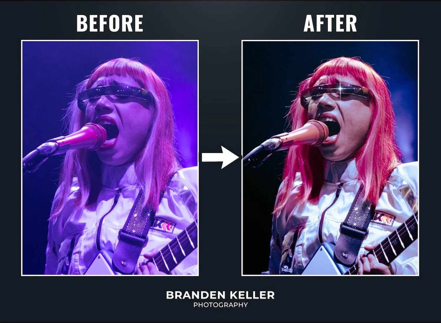 Comparison of a woman singing into a microphone before and after editing, showing brighter hair and clearer image in the after version, with the title 'BEFORE' on the left and 'AFTER' on the right, and the photographer's name 'BRANDEN KELLER PHOTOGRA