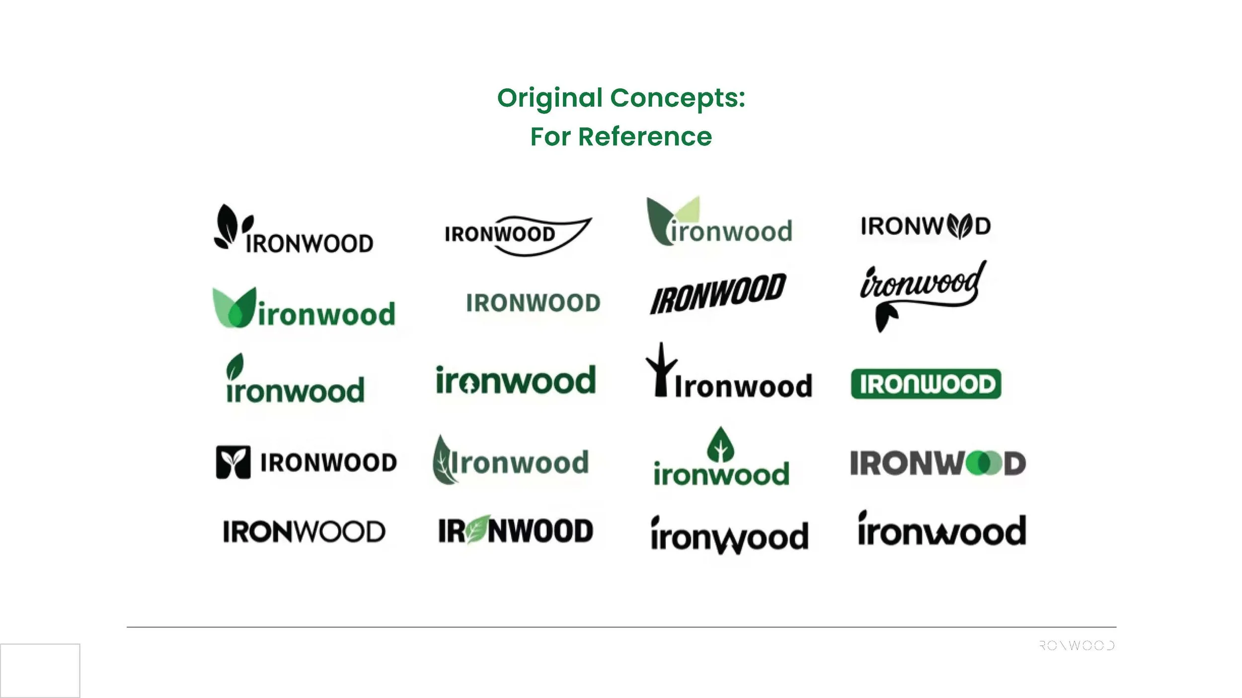 Compilation of various logo designs for the brand 'Ironwood' using different fonts, colors, and graphics, including leaves and nature-inspired elements.