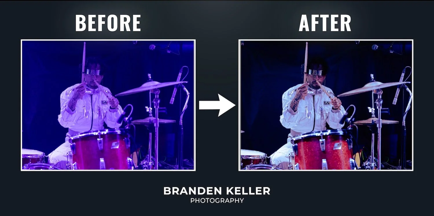 Photo showing a before and after comparison of a person playing drums, with the after image clearer and more vibrant. The person is wearing a white jacket, glasses, and has tattoos, set against a dark background. The text at the top reads 'BEFORE' an